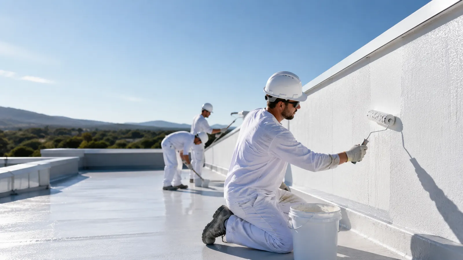 Applicators in protective workwear rolling a reflective coating onto a rooftop surface